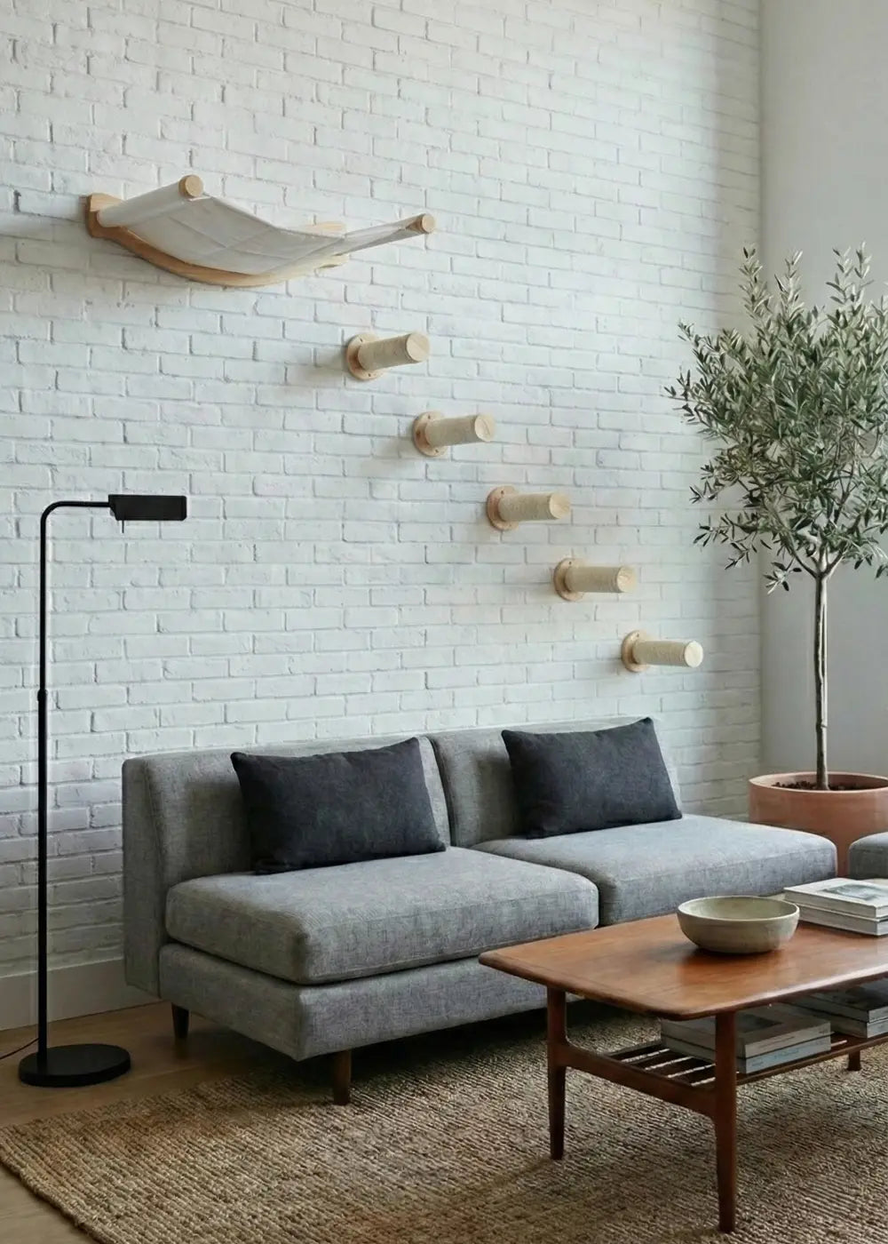 The Purrfait Skyline, a complete cat wall furniture set installed on a white brick wall, featuring five floating sisal steps leading up to a suspended fabric hammock for a modern vertical playground.