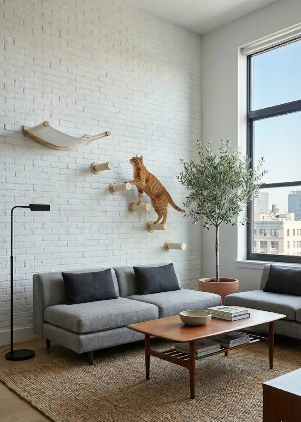 An active orange tabby cat scaling the Purrfait Skyline wall system, using the sisal-wrapped cylindrical steps to climb towards the high perch lounge in a stylish living room.