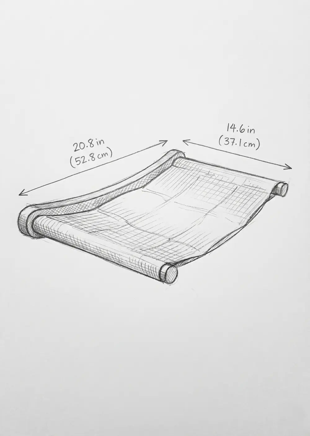 Technical dimension sketch of the Purrfait Perch Lounge wall hammock, showing a wide sleeping area of 52.8cm (20.8 inches) and a depth of 37.1cm (14.6 inches).