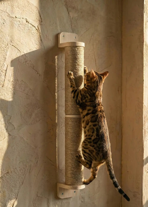 A Bengal cat climbing vertically on the Purrfait Axis wall-mounted scratching post, showcasing the durable sisal rope texture and sturdy installation on a textured wall.