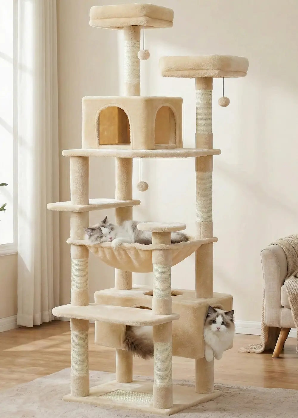 Full-length shot of the Purrfait Citadel beige cat tree, showcasing its sturdy construction with two cats resting comfortably in the hammock and lower condo, perfect for multi-cat households.