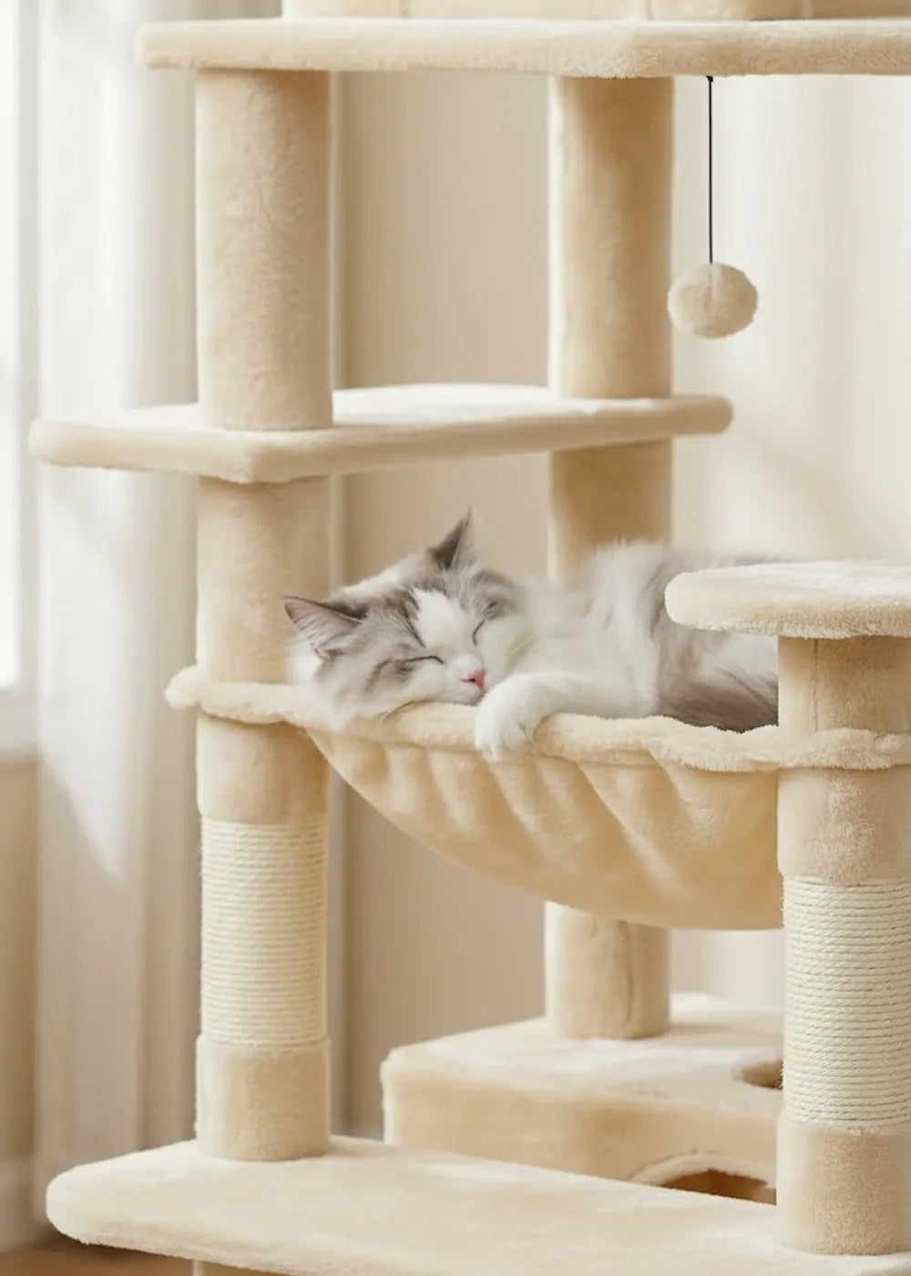 Close-up of a fluffy white and grey cat sleeping peacefully in the plush hammock of the Purrfait Citadel beige tower, highlighting the soft, high-quality fabric and stable support posts.