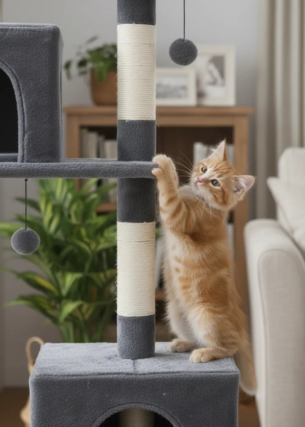 An orange tabby kitten stretching up to scratch the sisal-wrapped post of the Purrfait Citadel dark grey tower, showcasing the durable scratching surfaces designed to protect furniture.