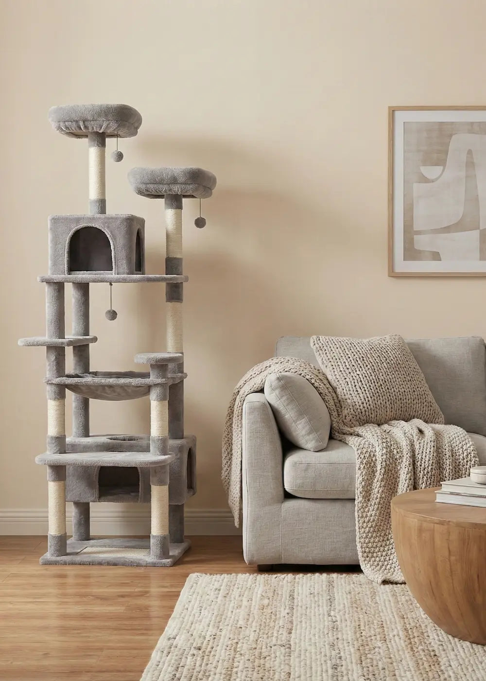 Full view of the Purrfait Citadel modern cat tree in light grey, featuring a multi-level design with two condos, a hammock, and sisal scratching posts for large cats.