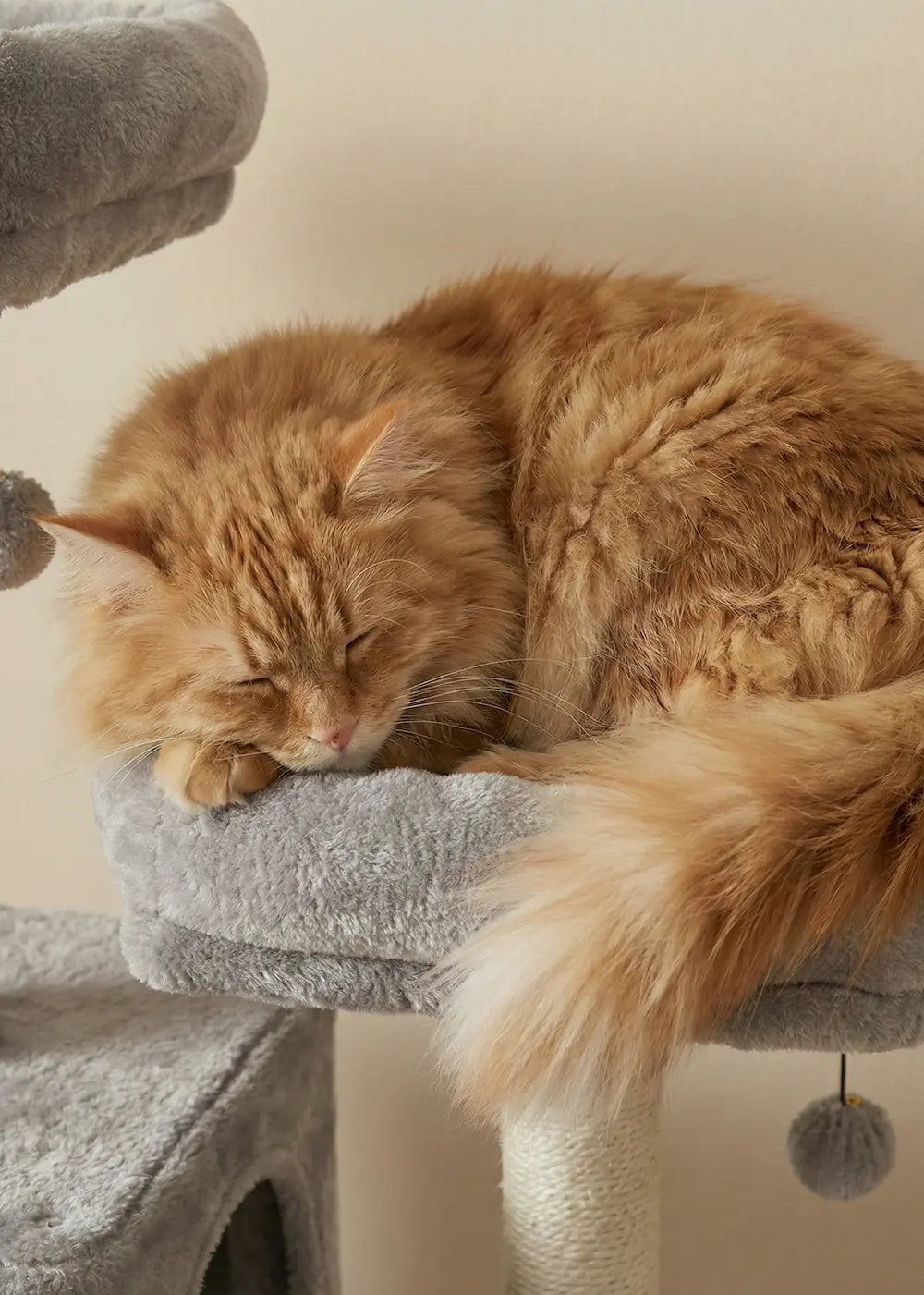 Close-up of a fluffy orange tabby cat sleeping soundly on the highest luxury perch of the Purrfait Citadel tower, highlighting the cozy light grey fabric.