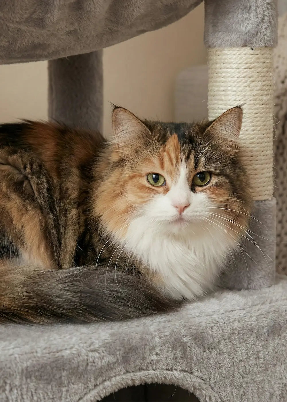 A calico cat resting comfortably inside the spacious lower condo of the Purrfait Citadel, demonstrating the cozy hideaways integrated into this modern cat furniture.