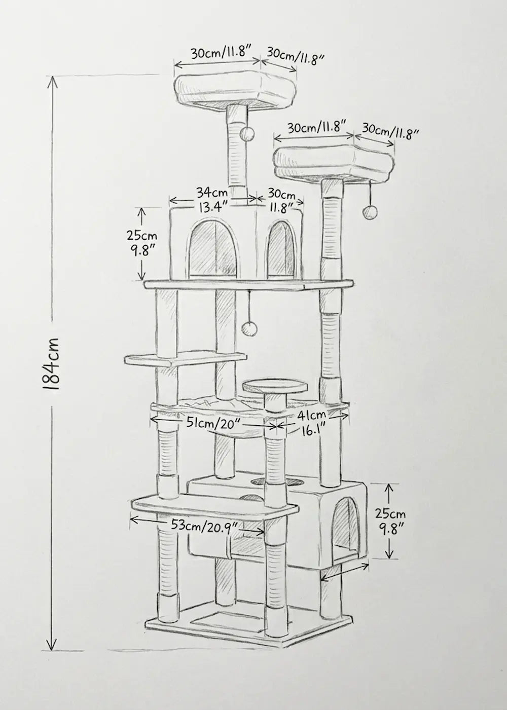 Technical dimensions of the Purrfait Citadel large cat tower, showing a height of 184cm and a sturdy base layout suitable for stabilizing heavy cats.