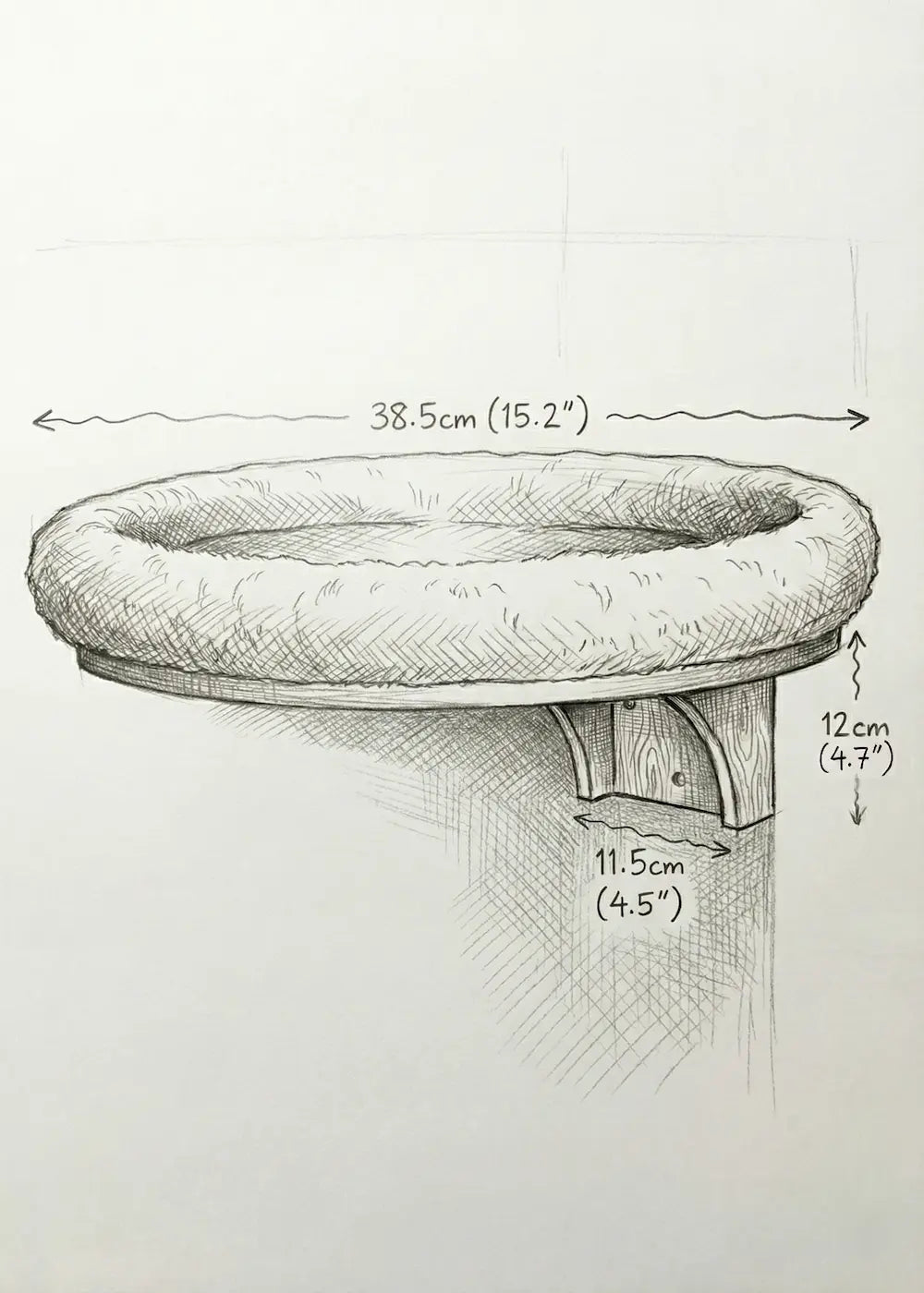 Technical dimension sketch of the Purrfait Orbit plush cat wall bed, showing a diameter of 38.5cm (15.2 inches) and a sturdy wall-mounting bracket depth of 11.5cm (4.5 inches).