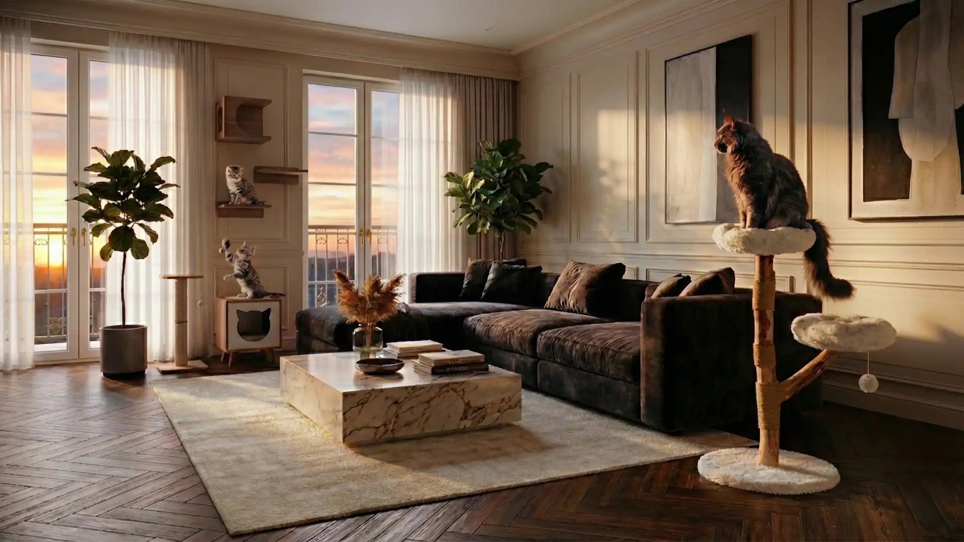 Wide panoramic view of a modern living room featuring the complete Purrfait luxury cat furniture collection, including the Pavlova flower tree and a custom wall-mounted climbing system, styled in warm sunset lighting.