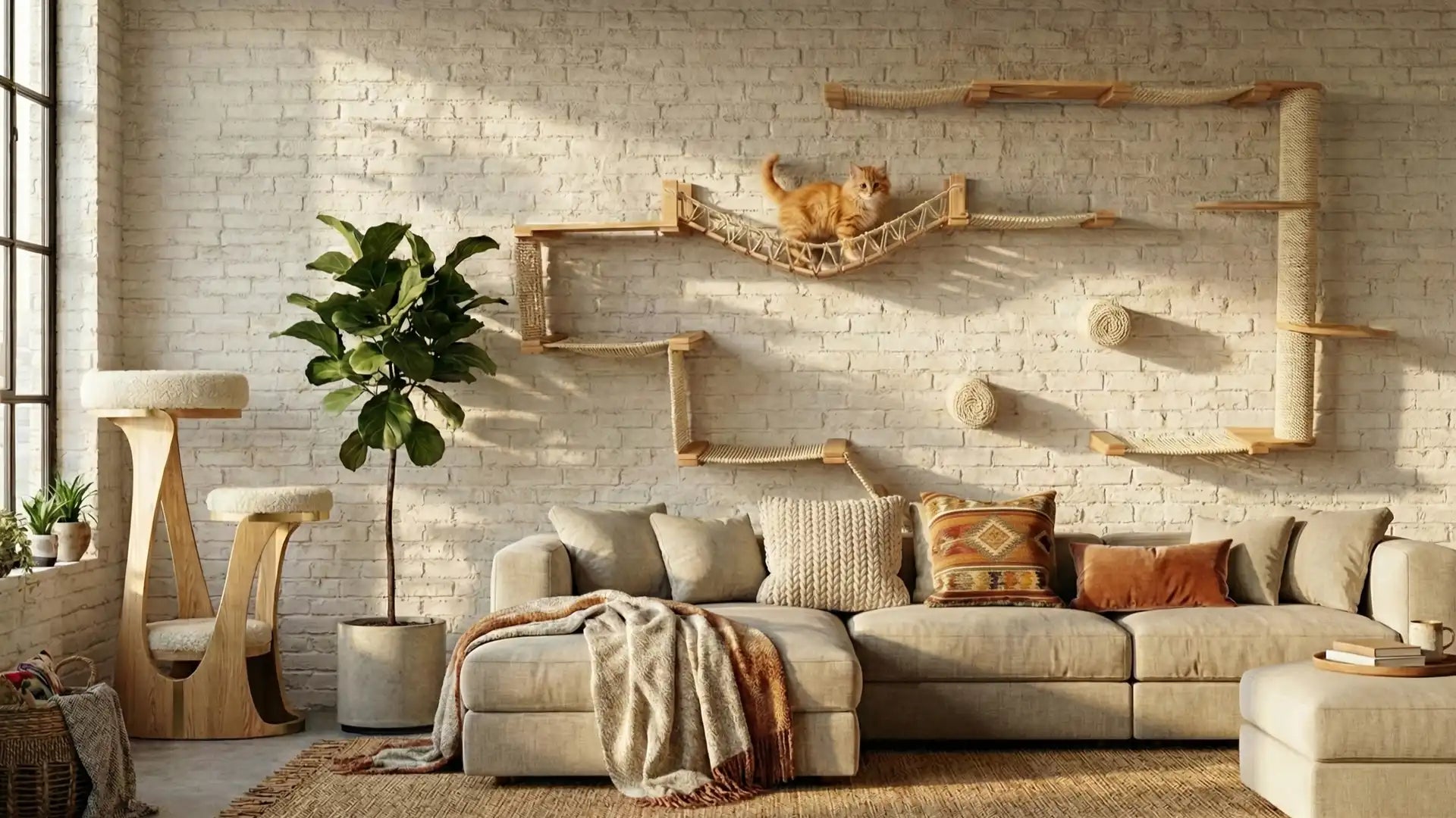 Purrfait minimalist cat wall furniture set with floating shelves and wall-mounted cat steps for climbing.