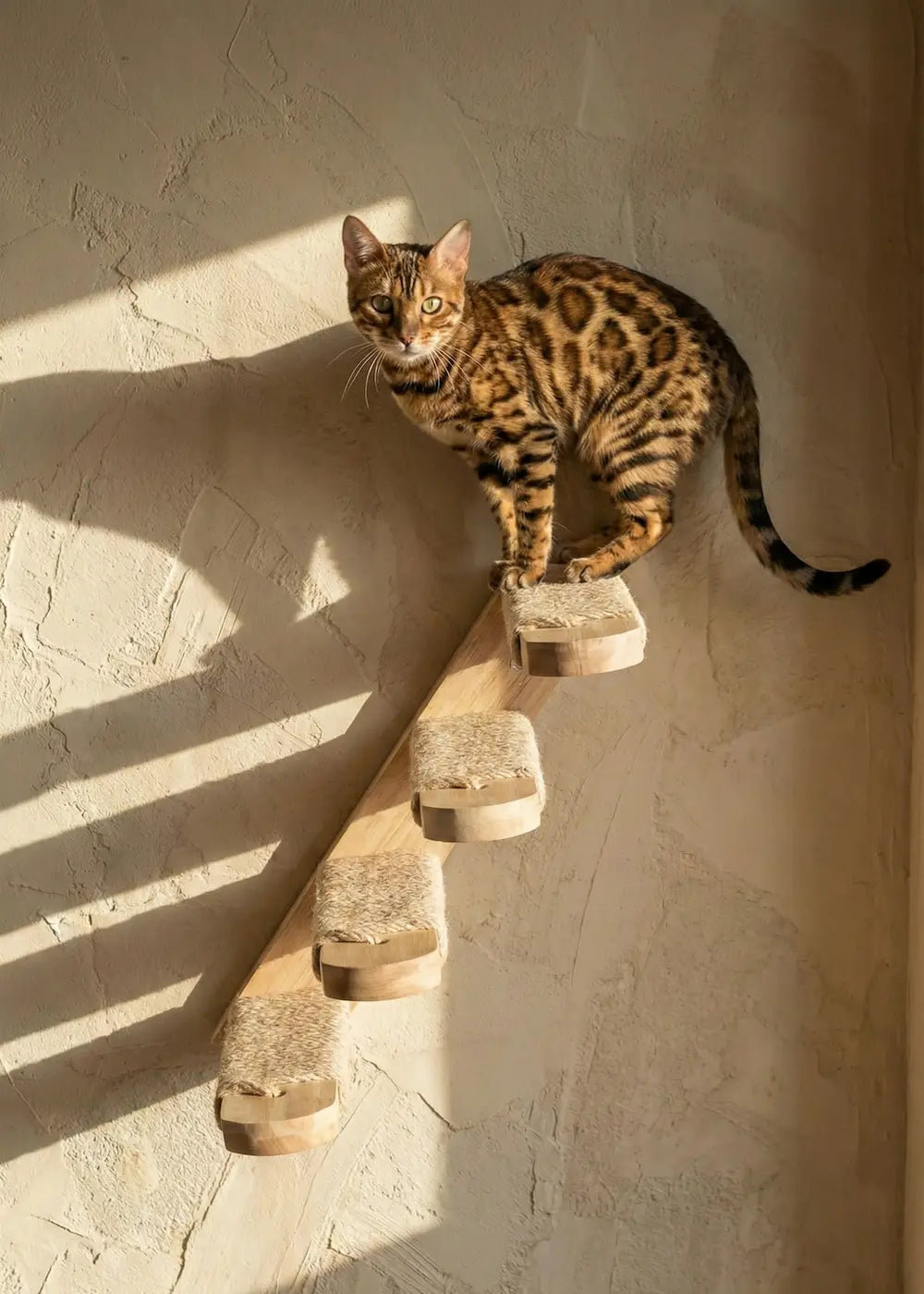 A Bengal cat perched confidently on the top step of the Purrfait Tier wall-mounted cat ladder, demonstrating the sturdy support designed for active and climbing breeds.