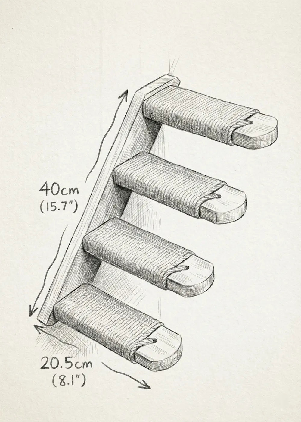 Technical dimension sketch of the Purrfait Tier wall-mounted cat stairs, showing a total diagonal length of 40cm (15.7 inches) and individual step width of 20.5cm (8.1 inches).
