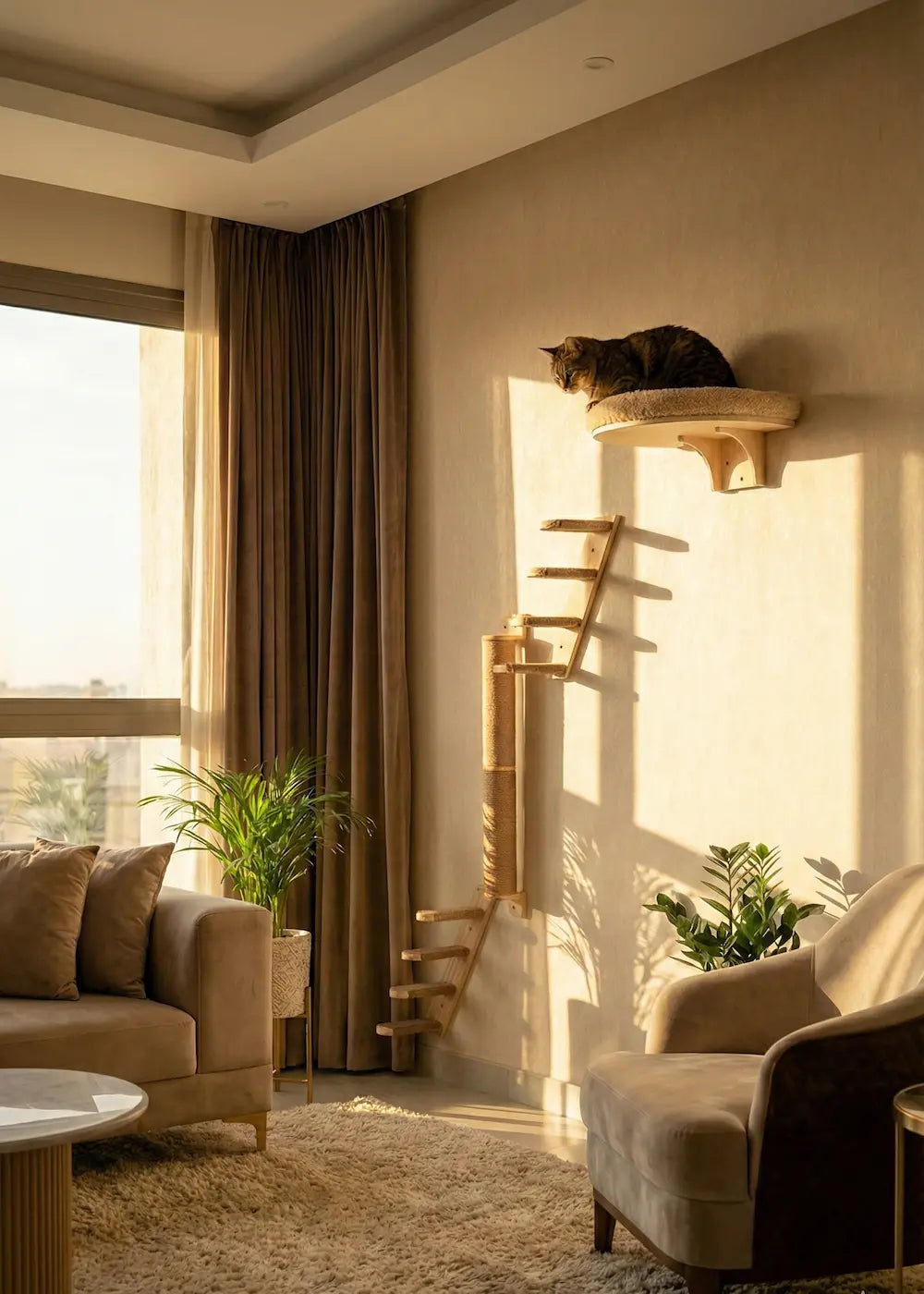 Full view of the Purrfait Zenith complete cat wall climbing system installed in a sunny living room, featuring a bundle of two stair sets, a vertical scratching post, and a high plush bed shelf.